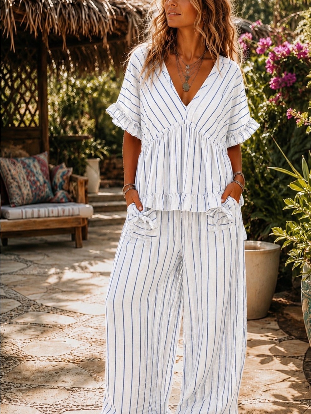 Umgee White & Blue Striped Wide Leg 2 PC SET